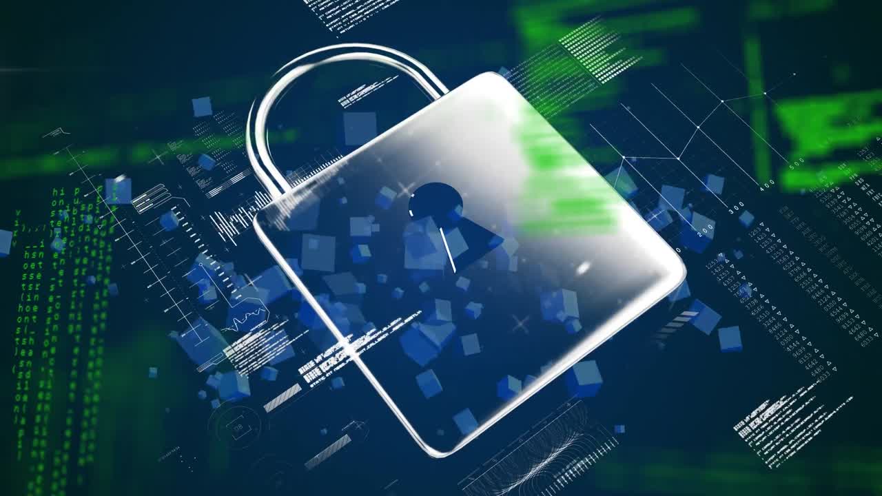 Digital animation of security padlock icon against data processing on blue background