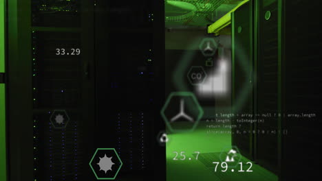 animación de iconos ecológicos y procesamiento de datos a través de servidores informáticos.