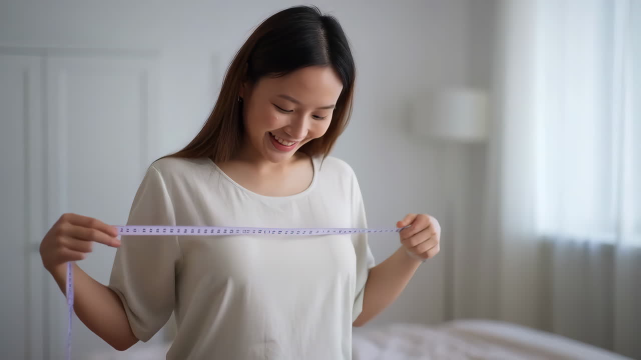 Happy Asian Woman Measuring Herself with a Tape