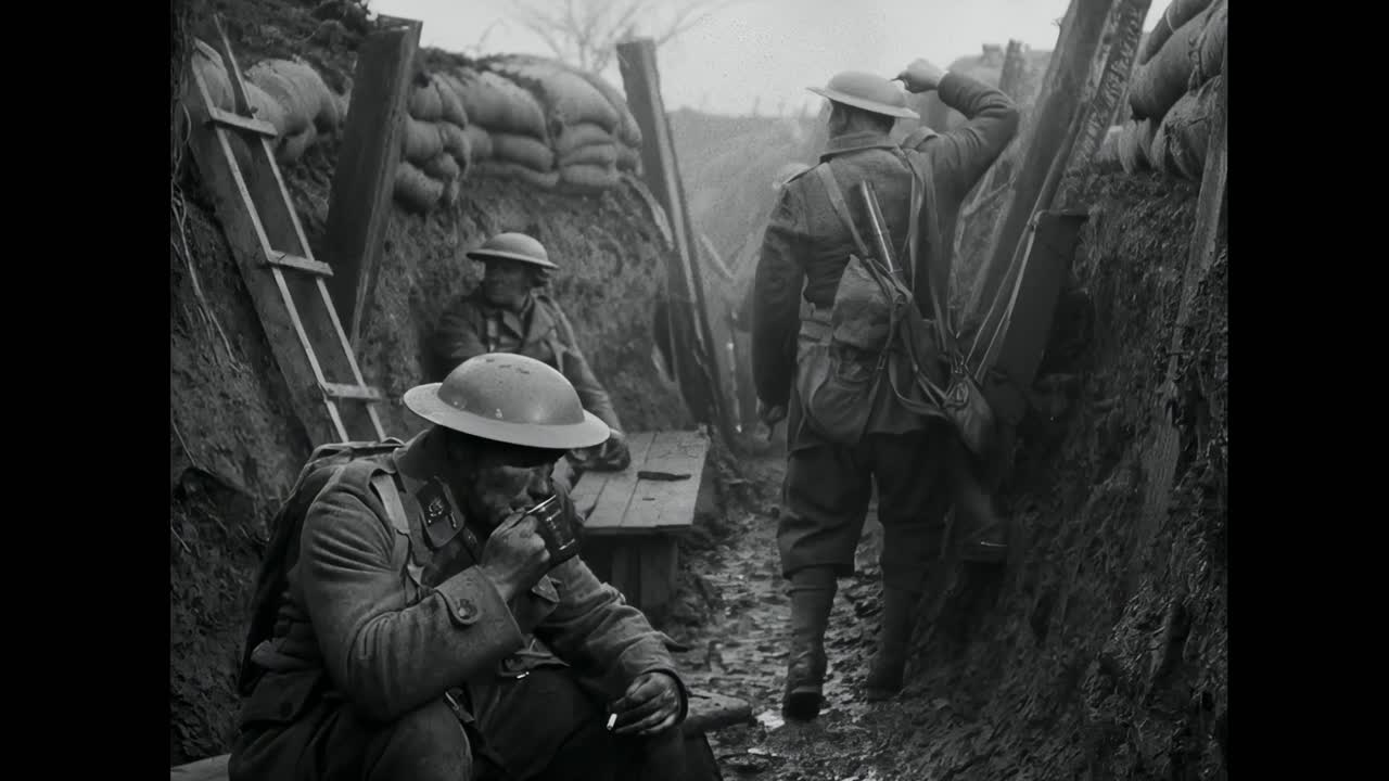 塹壕の中の昔の戦争動画シーン、ヘルメットをかぶった兵士たち、粗いリアリズムを捉えたローアングル撮影。