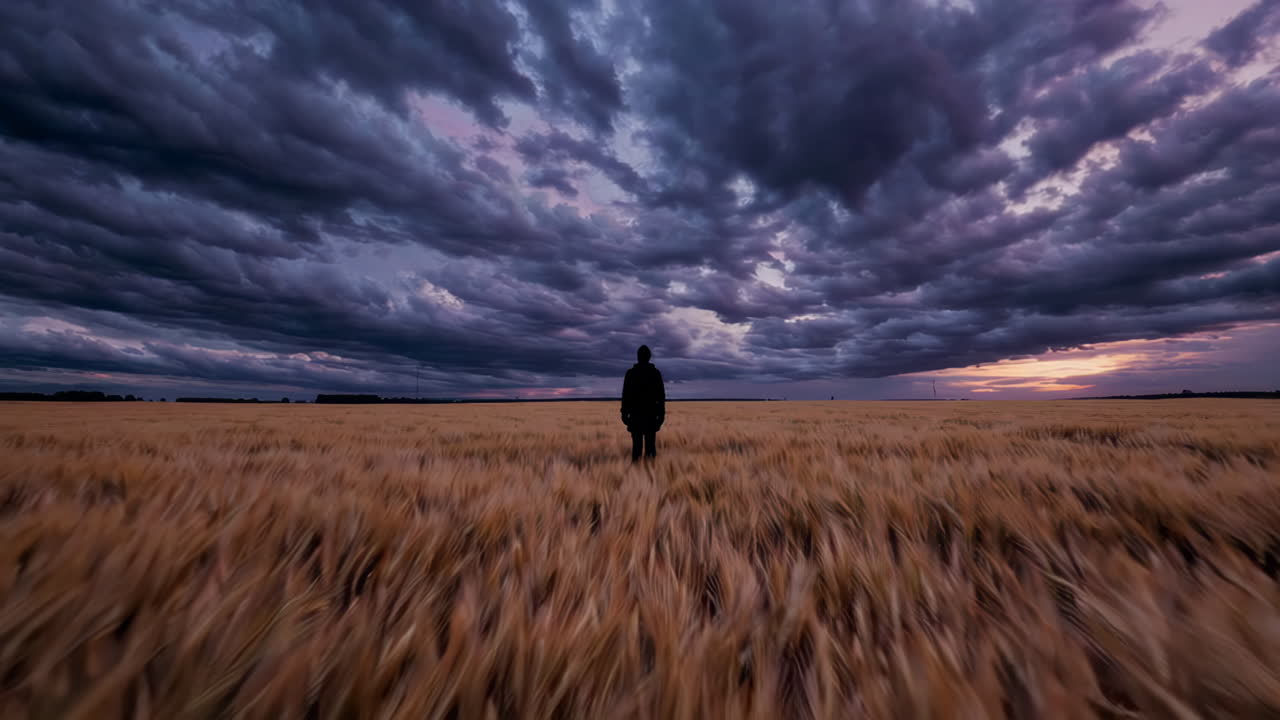 Silhouette of a Person in a Wheat Field at Sunset with Storm Clouds
