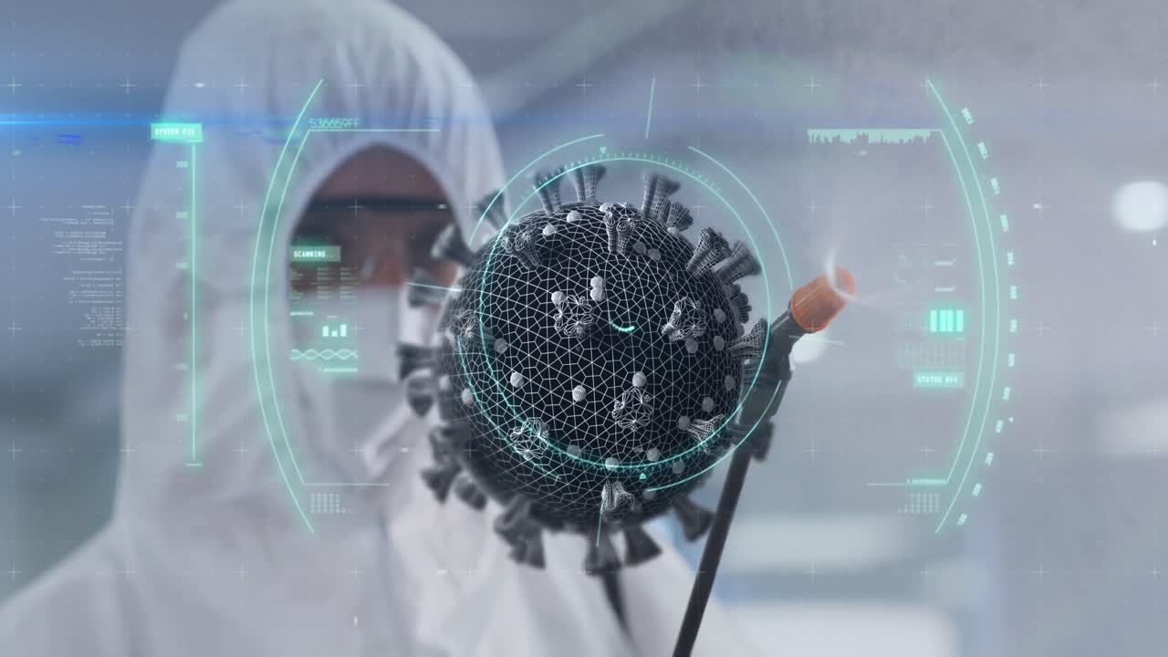 사무실을 소독하는 사람과 함께 코로나19 세포가 회전하는 애니메이션