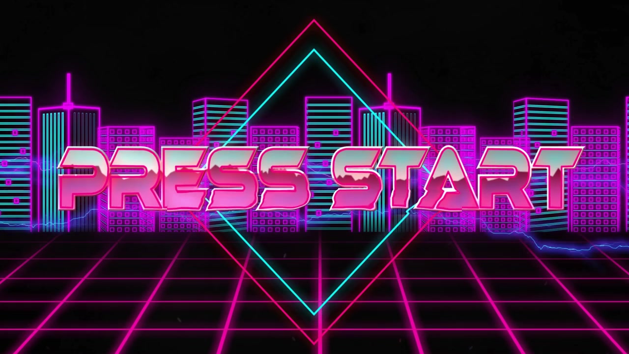 80s arcade neon scene featuring glowing grid floor and diamond frame around PRESS START