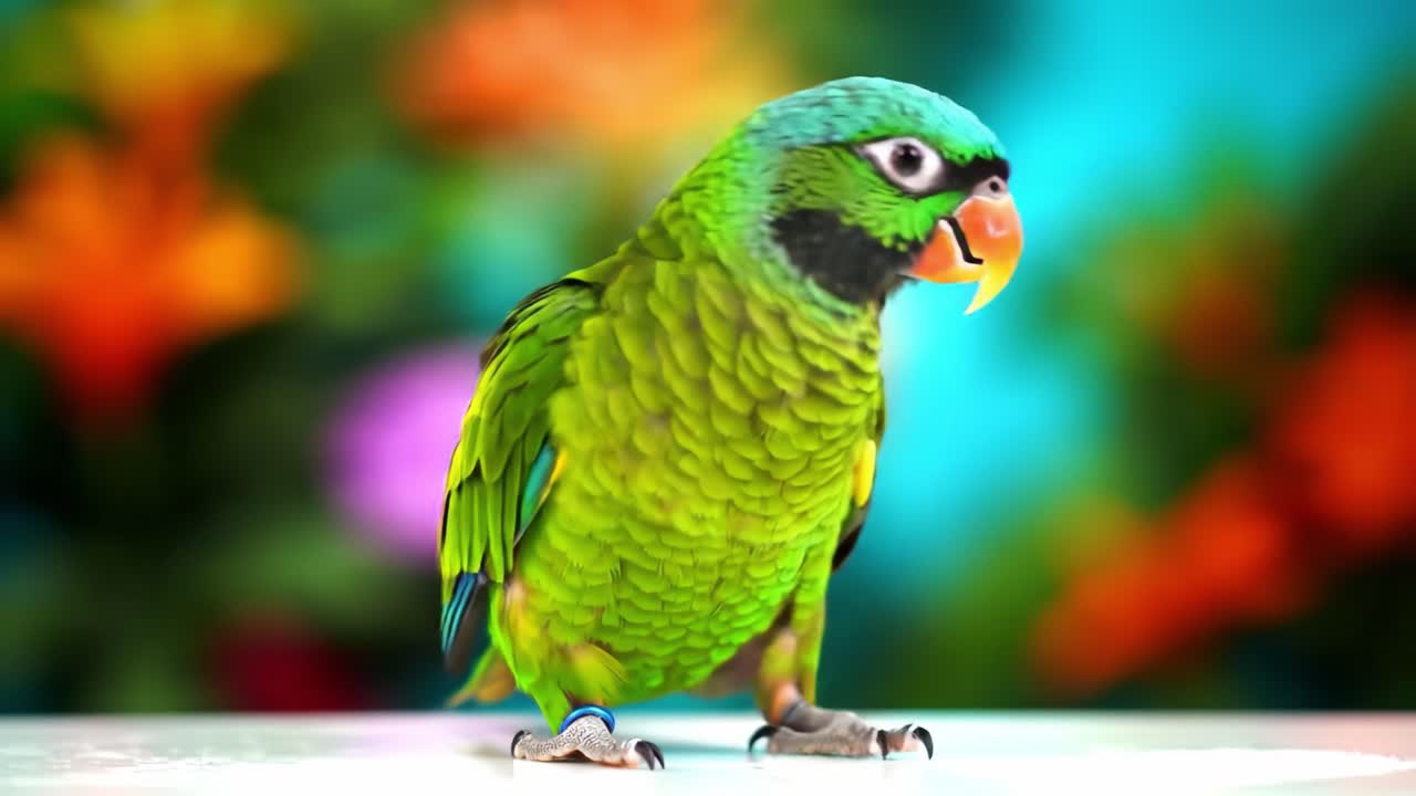 A bright green parrot moves around a lush garden filled with colorful flowers. Its vivid plumage contrasts beautifully with the blooms, showcasing nature's stunning colors and life.