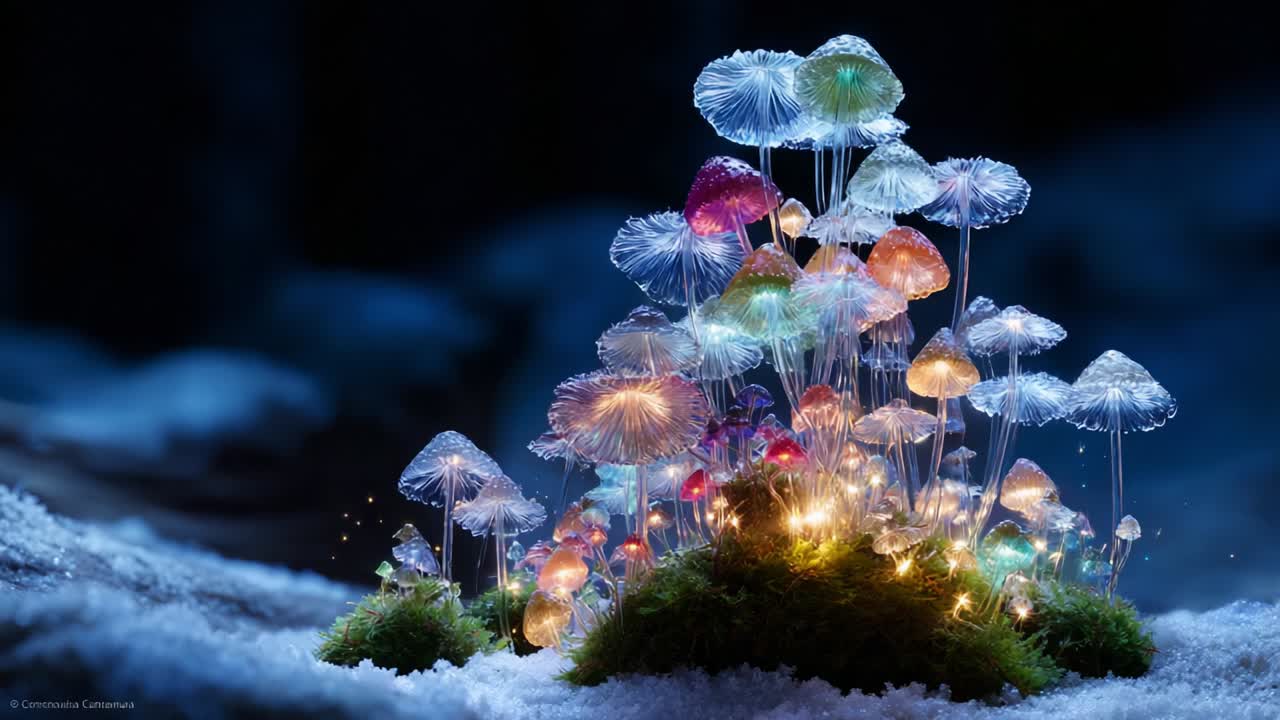 A Beautiful and Enchanting Display of Glowing Mushrooms Surrounded by Moss in a Mystic Forest, Illuminated by Colorful Lights that Sparkle Against the Dark Background, Creating a Dreamlike Atmosphere