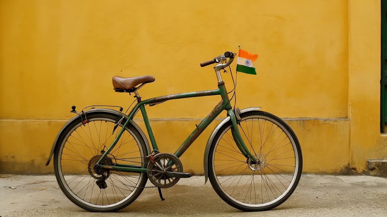 Panoramica con camera che mostra una bici verde in un vicolo accanto a un muro giallo, brezza che fa sventolare una bandiera tricolore