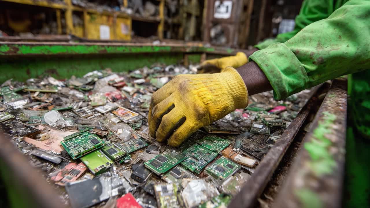 A Worker Carefully Sorts Through E-Waste, Extracting Valuable Components from Discarded Circuit Boards and Electronics in an E-Waste Recycling Facility