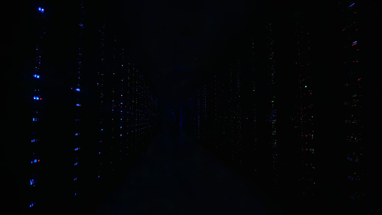 Dolly starting, camera moving down datacenter aisle, showing server racks and blue LED status