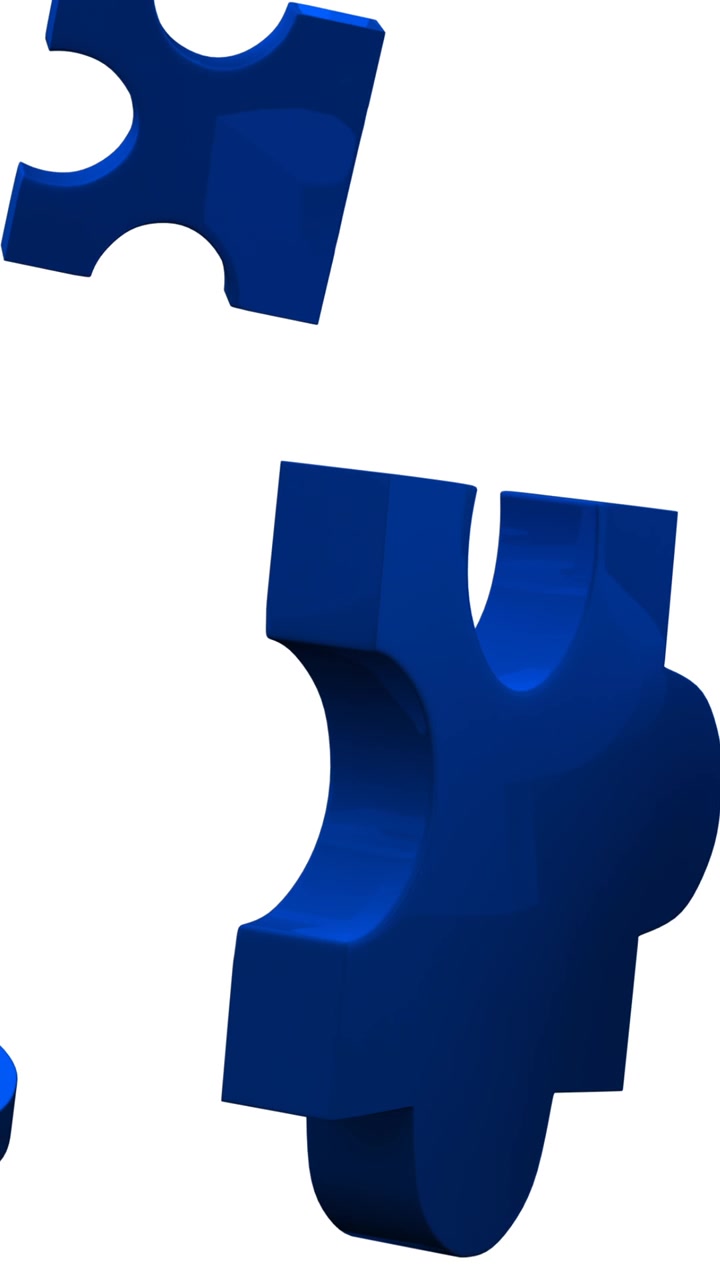 Animation of blue pieces of puzzle falling on white background