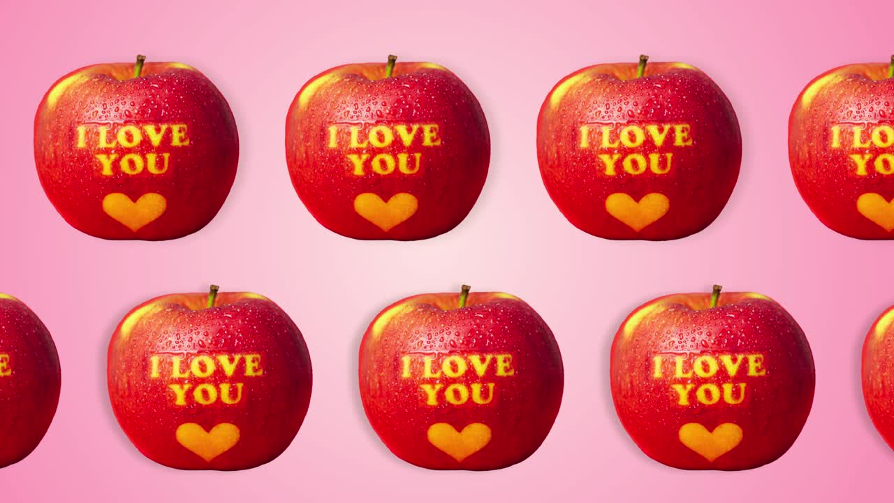 dos líneas con manzana con la inscripción i love you corazón se mueve en diferentes direcciones en el fondo beige natural. plantilla de amor para el día de la madre y el día de san valentín. imágenes 4k