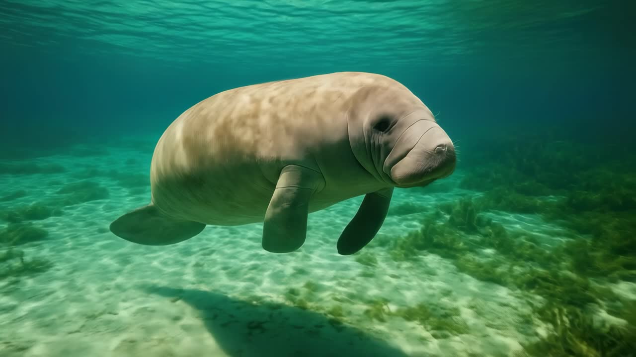 Underwater video of a manatee swimming gracefully, captured from a side angle, showcasing serene