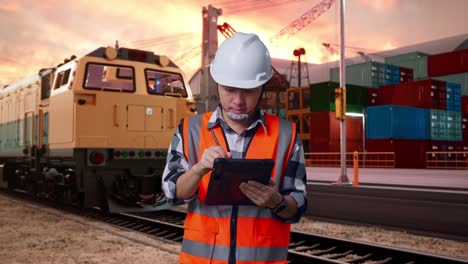 engineer reviewing shipment at the port with train background