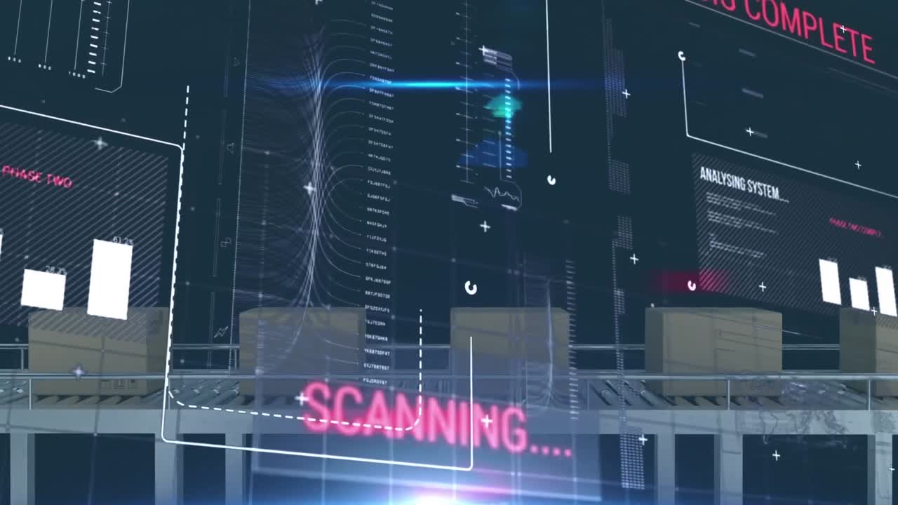 창고에서 컨베이어 벨트에 있는 카드보드 상자 위에서 통계와 데이터 처리의 애니메이션