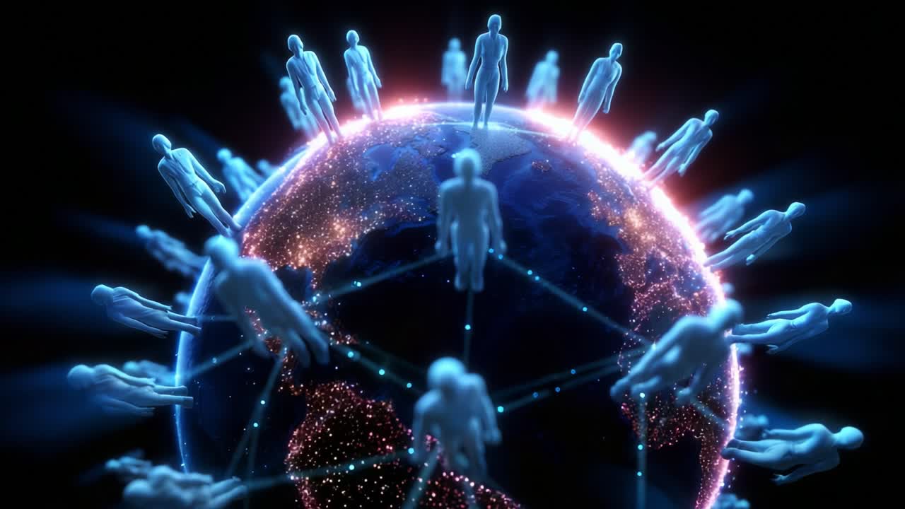 In an interconnected digital realm, ethereal figures represent humanity bridging global connections through technology and network, with a vibrant Earth serving as a backdrop for unity in the 21st century