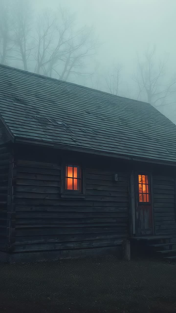 Vertical video: Radiating warm glow from wooden cabin window and door in foggy clearing, with steps