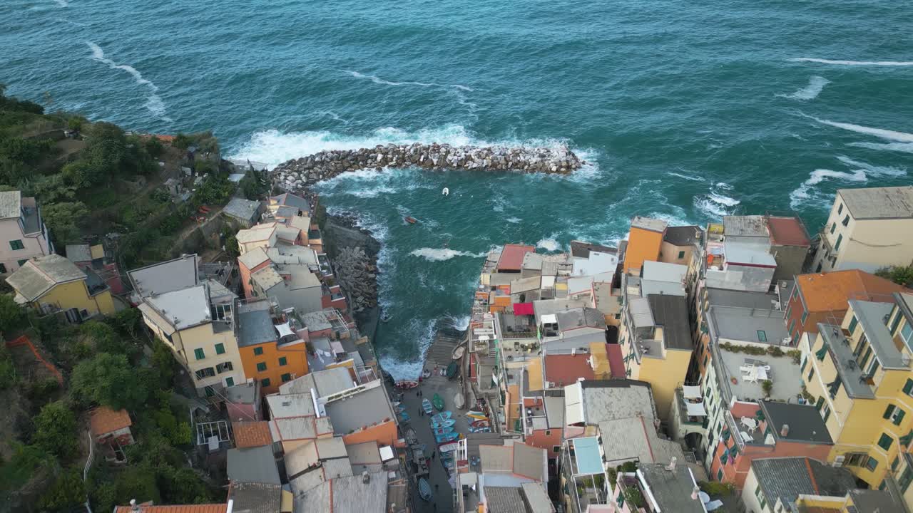 Top Down Aerial View of Cinque Terre Harbor in Italy's Famous Tourist Town