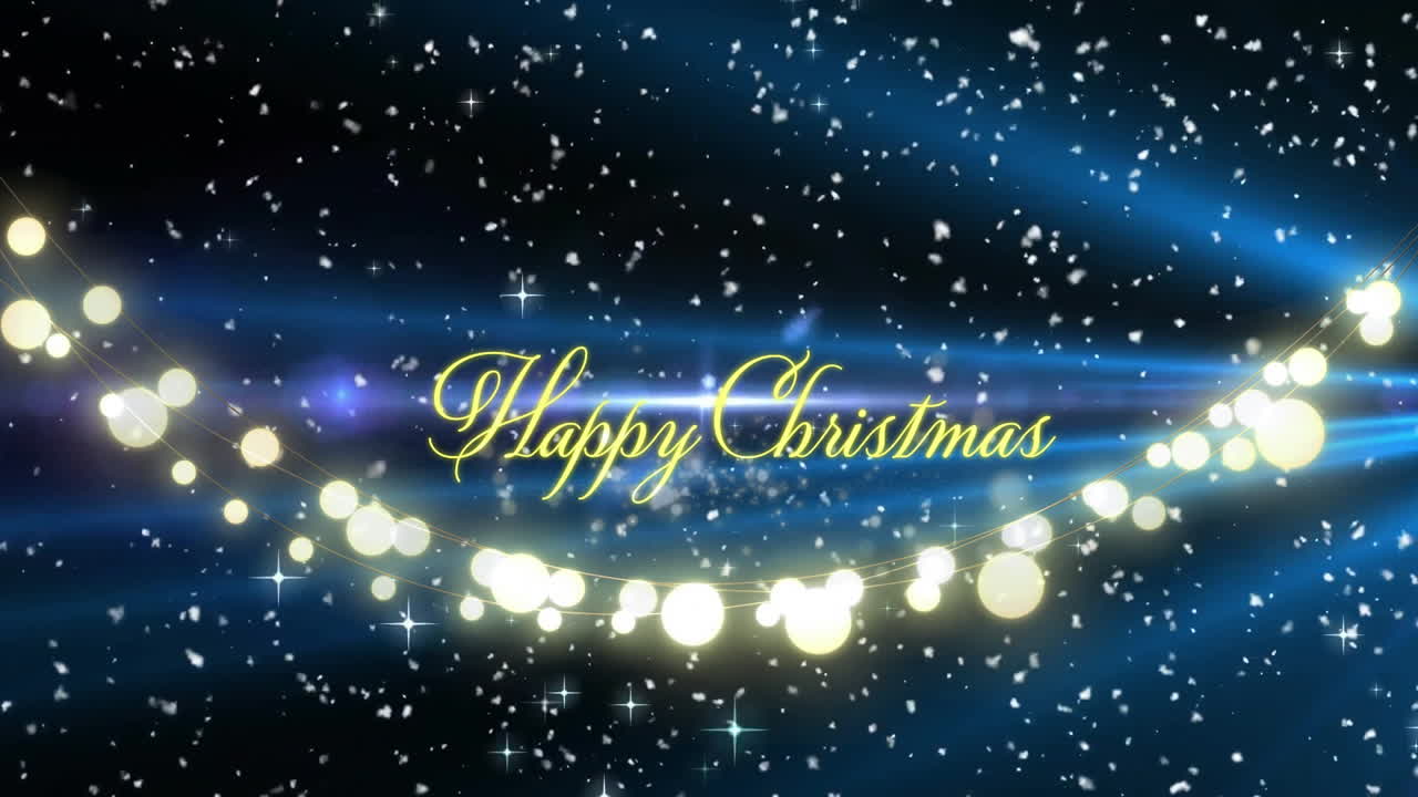 Happy Christmas text animation over falling snow and glowing lights