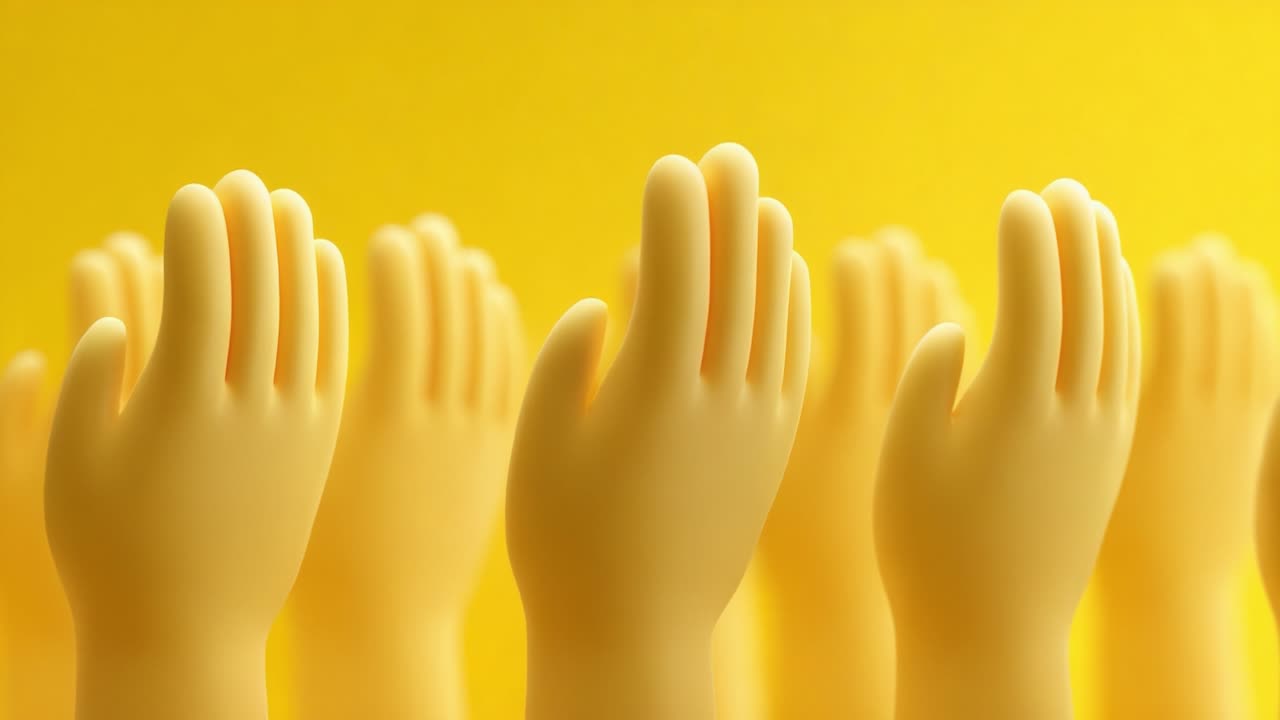 A vibrant display of playful yellow hands reaching upwards against a bright yellow background, symbolizing celebration, enthusiasm, and community engagement in a lively context