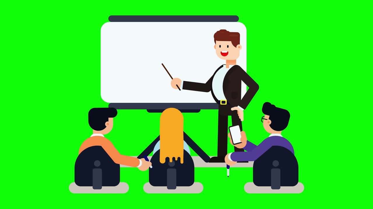 비즈니스맨이 화이트보드에 스틱을 사용하여 동료들에게 프레젠테이션을 하고 있습니다.