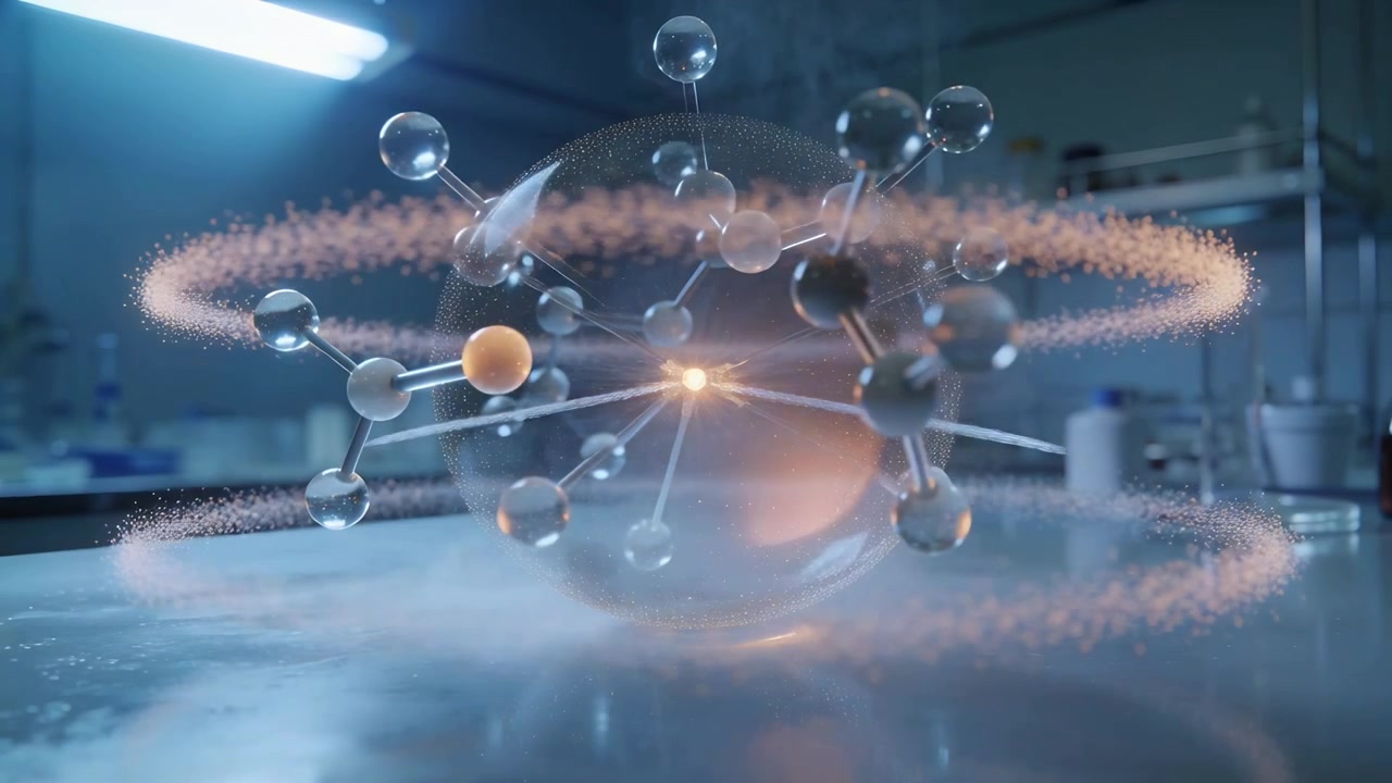 Brightening glass sphere emitting vapor, forming particle rings on metal bench with glowing nodes