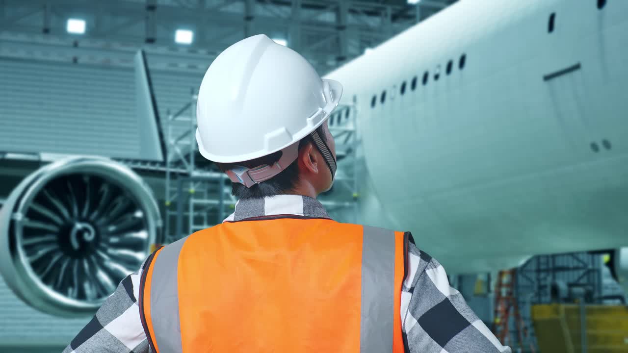 vista de cerca de atrás de un ingeniero masculino asiático con casco de seguridad con aviones en el hangar. de pie con los brazos akimbo mirando a su alrededor, comprobando
