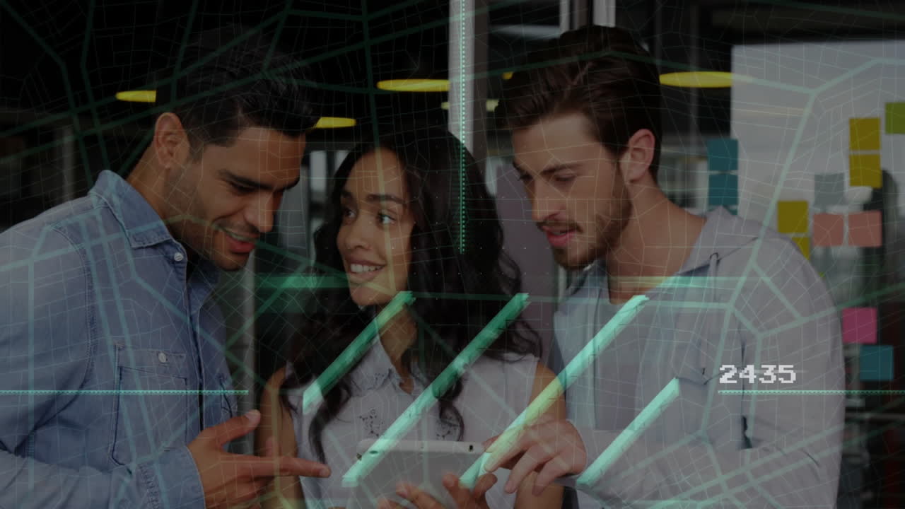 Discussing technology, diverse group in office with digital animation overlay