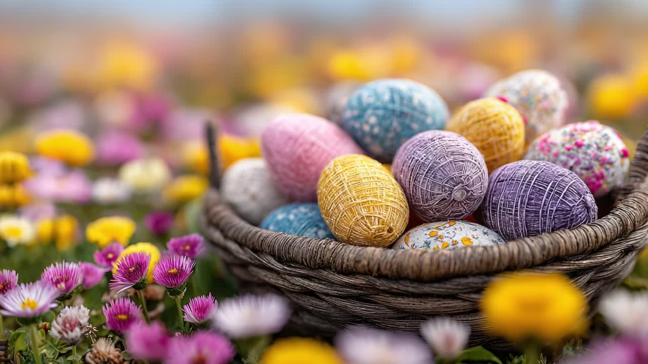 A Vibrant Display of Colorful Easter Eggs Nestled in a Charming Woven Basket Surrounded by Beautiful Wildflowers in Full Bloom