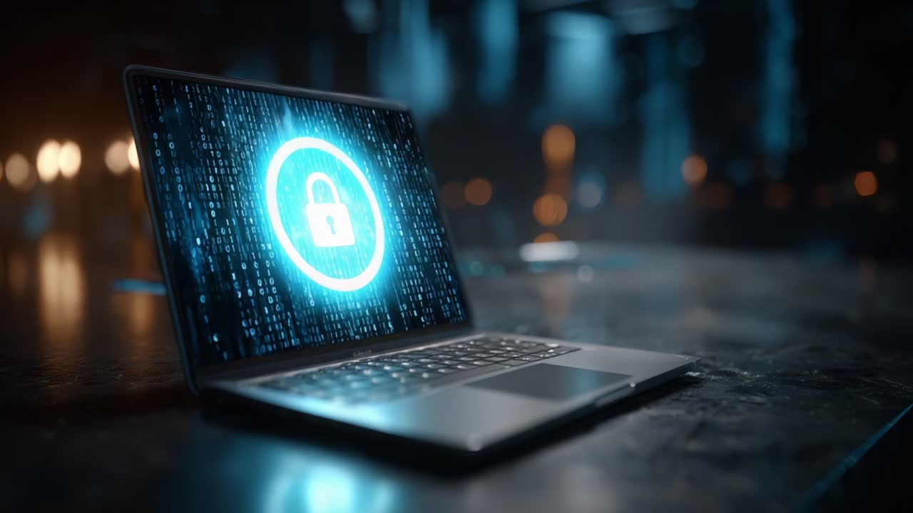 A visually stunning representation of digital security, showcasing a laptop with a glowing lock symbol amidst a backdrop of flowing binary code, highlighting the importance of data protection