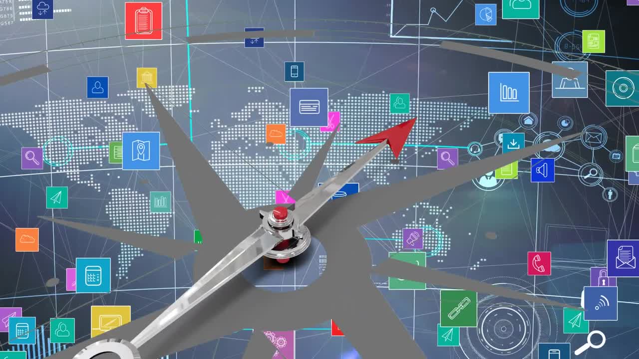 animación de iconos digitales sobre la brújula y el mapa del mundo