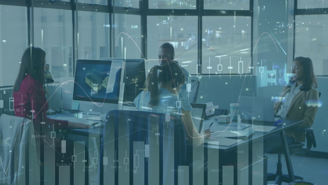 Animation of financial data processing over diverse business people in office and cityscape