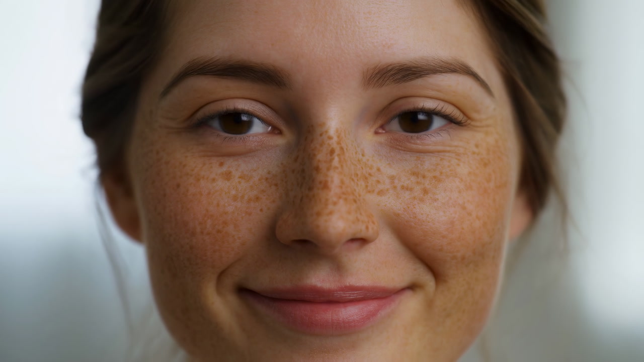 Closeup Young Woman With Freckles, Soft Lighting Neutral Background, Gentle Smile And Wink, Visible Skin