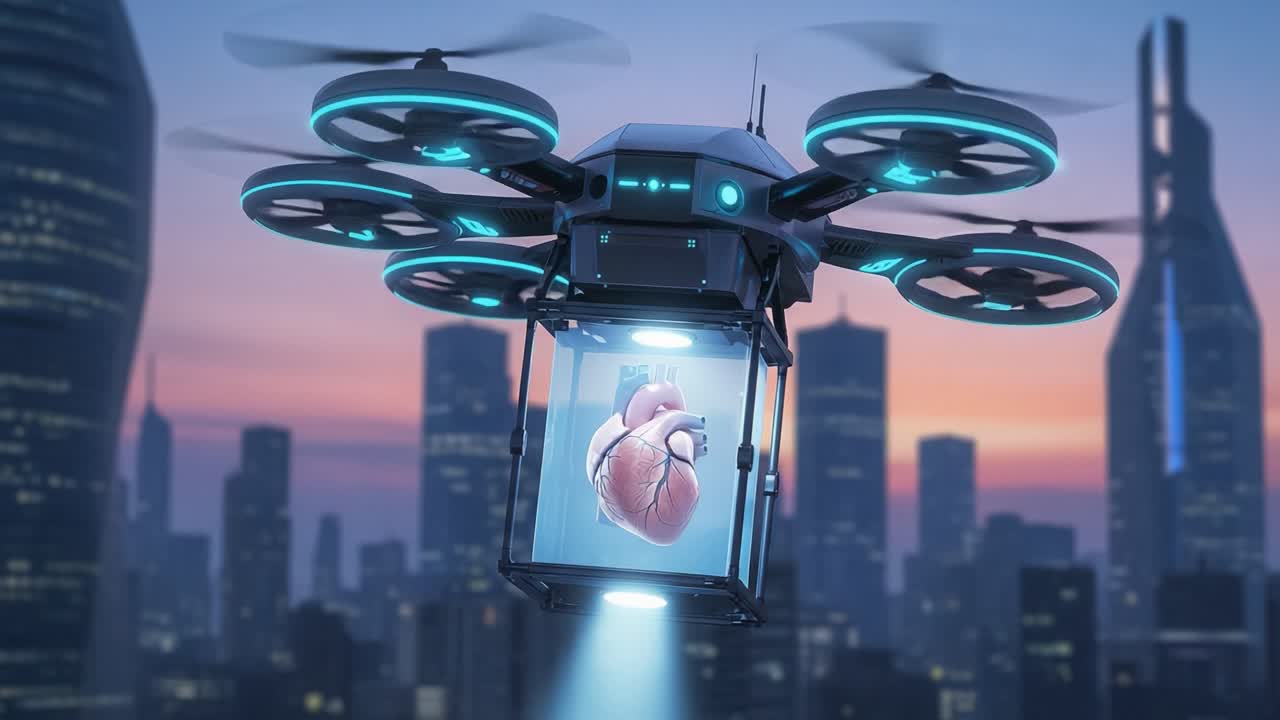 Advanced Drone Technology for Medical Transport: A Heart Shaped Object Hovering in an Urban Skyline, Illustrating Future Innovations in Healthcare Delivery and Organ Preservation
