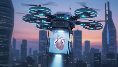 advanced drone technology for medical transport: a heart shaped object hovering in an urban skyline, illustrating future innovations in healthcare delivery and organ preservation