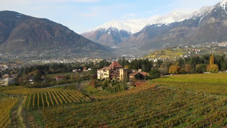 Aerial-Drone-Over-a-medieval-Castle-in-the-middle-of-the-Vineyards-in-Italy