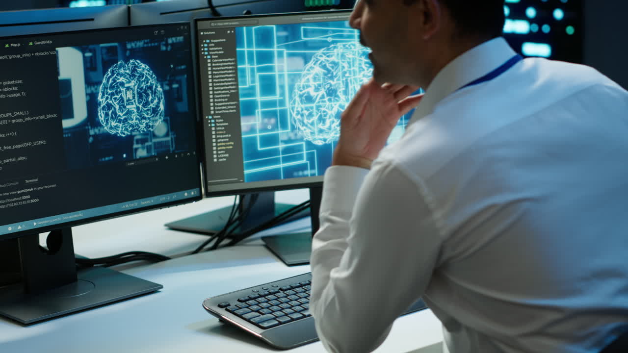 컴퓨터 과학자가 서버 에서 체크업을 하기 위해 pc에서 ai 기술을 사용합니다.