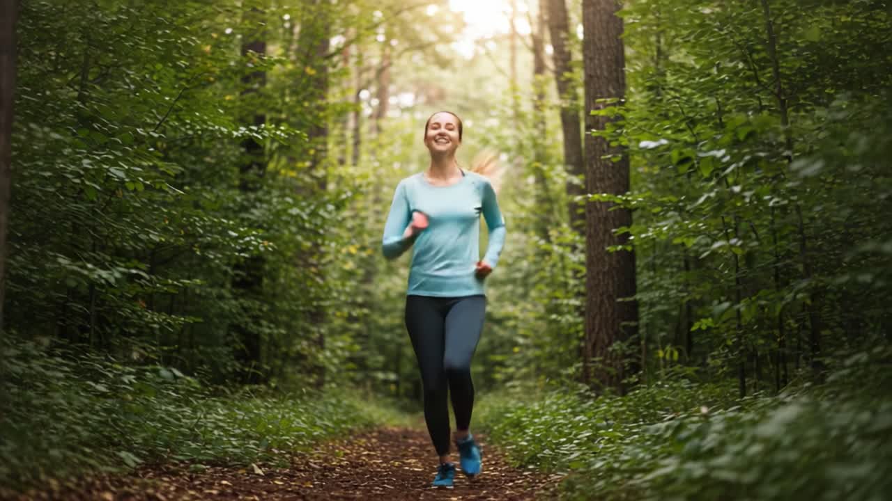 Running Woman in Lush Green Forest: Capturing the Joy of Outdoor Exercise and the Beauty of Nature in Every Step