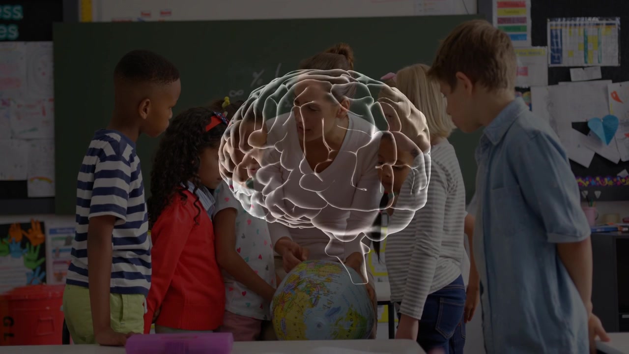 Teacher pointing brain overlay rotating over globe partly hiding faces as class learning geography