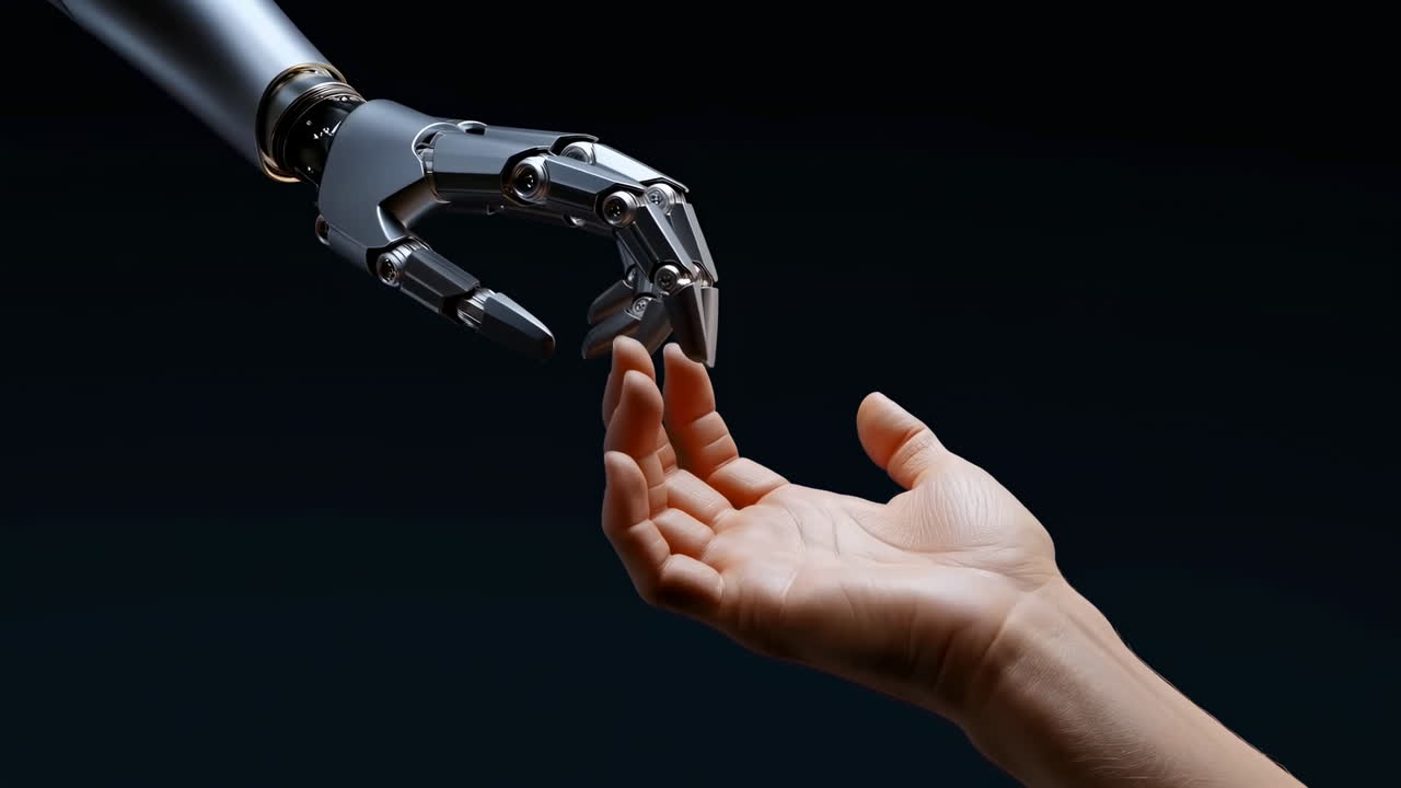 Eine Roboterhand streckt sich an die menschliche Hand