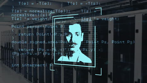 Animation-of-diverse-profile-scans-and-processing-data-over-computer-server-room