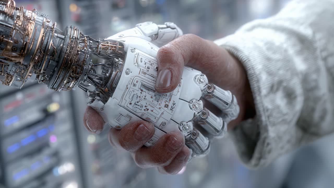 A Symbiotic Connection: The Human-Robot Handshake Symbolizes Unity and Collaboration in an Advancing Technological World Driven by Innovation and Discovery