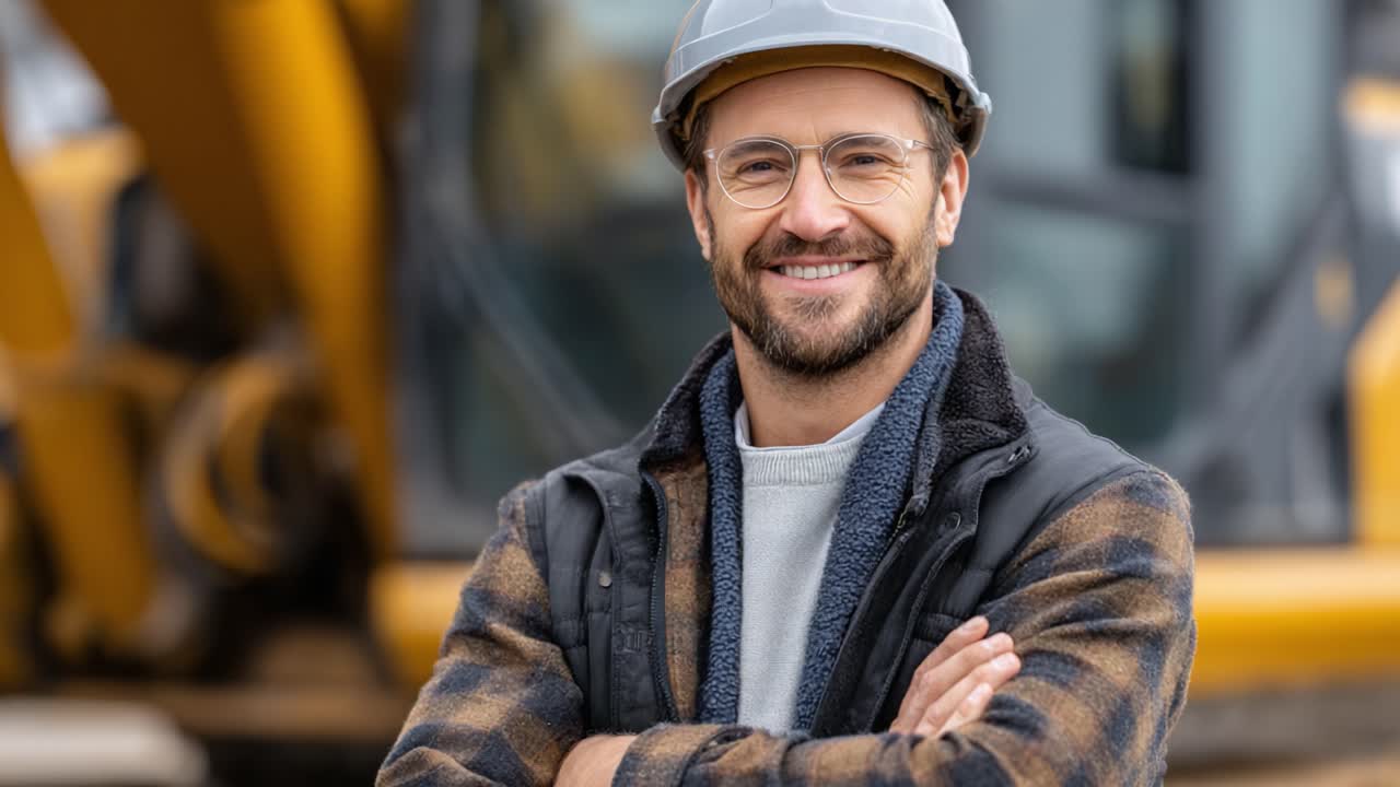 Confident Construction Worker Smiling in Front of Heavy Machinery, Representing Safety, Skill, and Professionalism in the Construction Industry