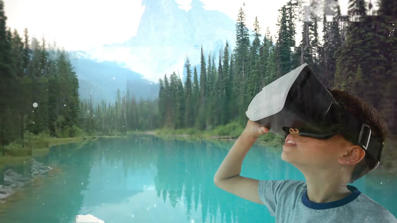 niño usando vr con un lago bonito