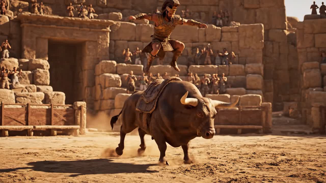 Man Riding Bull in Ancient Arena