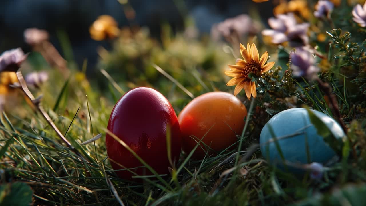 Colorful Easter eggs rest among wildflowers in sunlit grass. Warm tones highlight natural textures and seasonal beauty. Ideal for spring, holiday, or family celebration projects