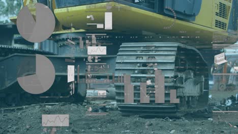 procesamiento de datos financieros contra la excavadora que trabaja en un sitio industrial urbano