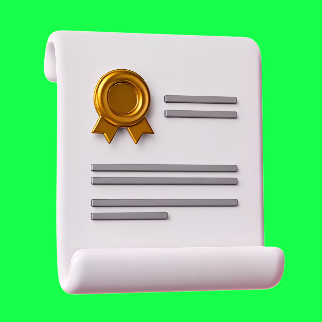 Certificate with gold seal animation, transparent 4K video, green screen