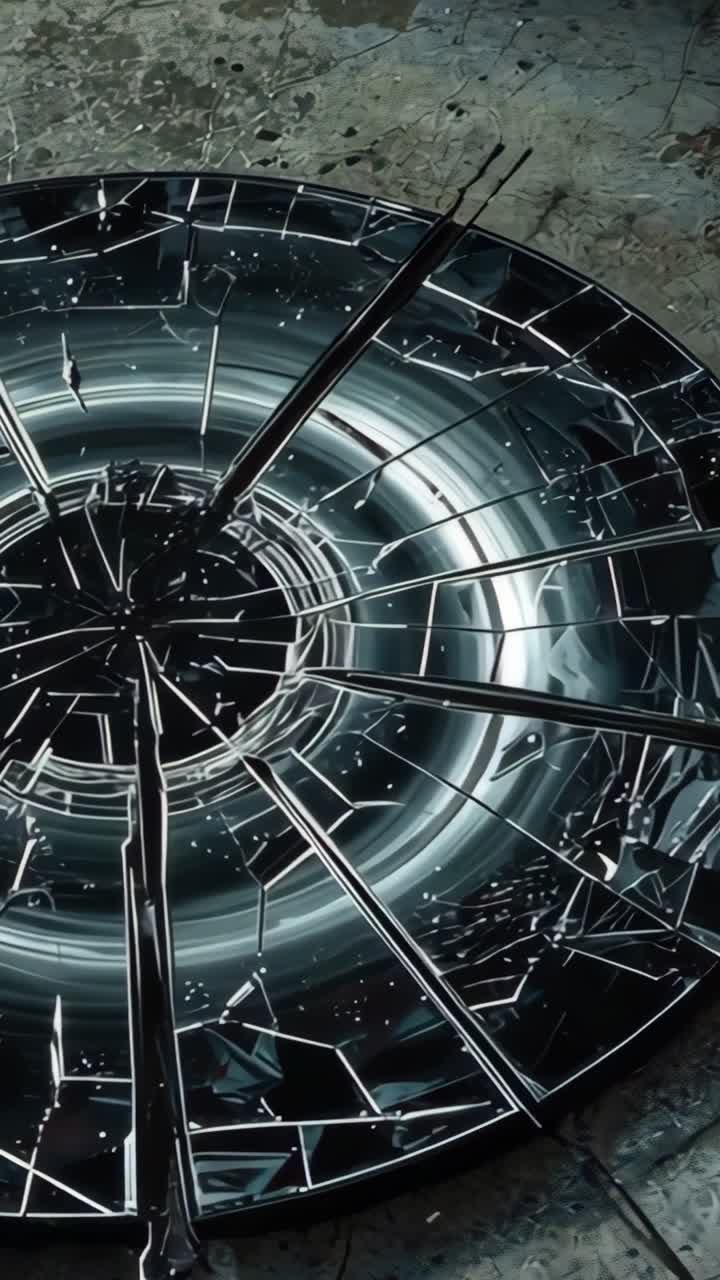 Vertical video: Showing metallic device resting on abandoned industrial floor, with fractured ring