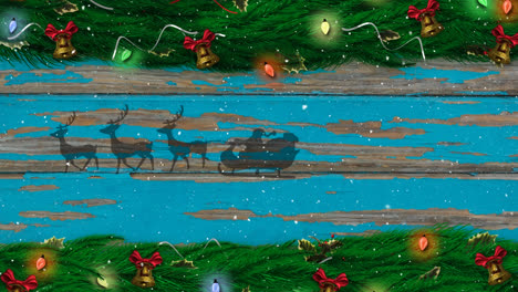 corona de navidad sobre santa claus en trineo siendo tirado por renos contra una tabla de madera