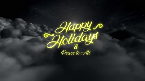 magical festive motion graphic night scene floating above the clouds as a glittering and magical trail of sparkling particles reveal the message �happy holidays - peace to all??