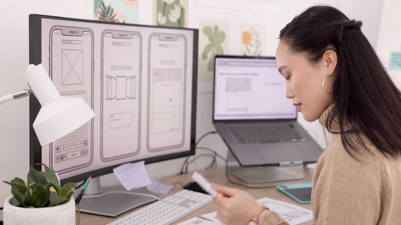 Computer, design and phone with a business woman